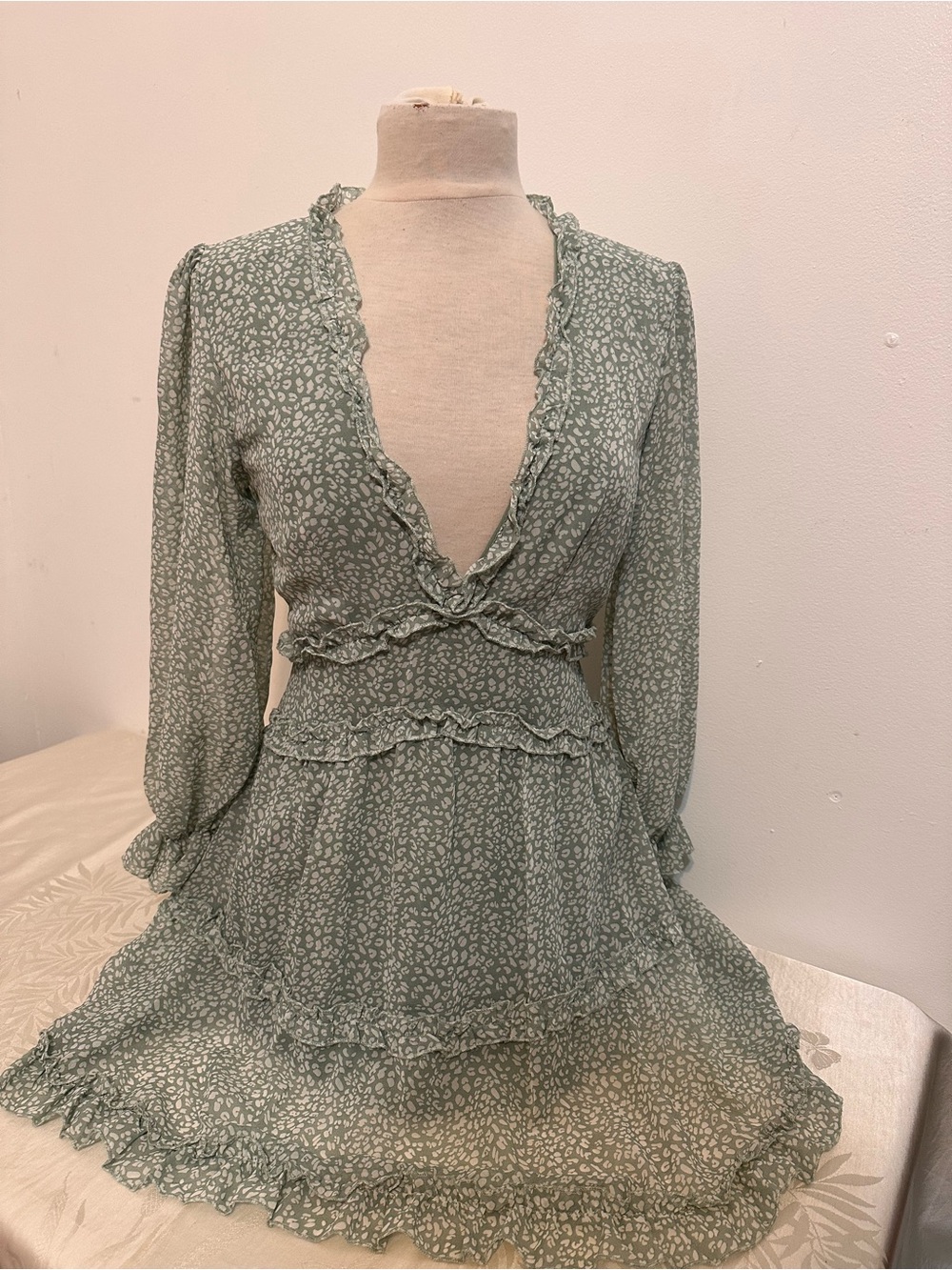 Deep V-Neck Sage Green Ruffle Mini Dress